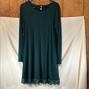 Women’s Dark Teal Long-Sleeve Swing Dress with Lace Hem